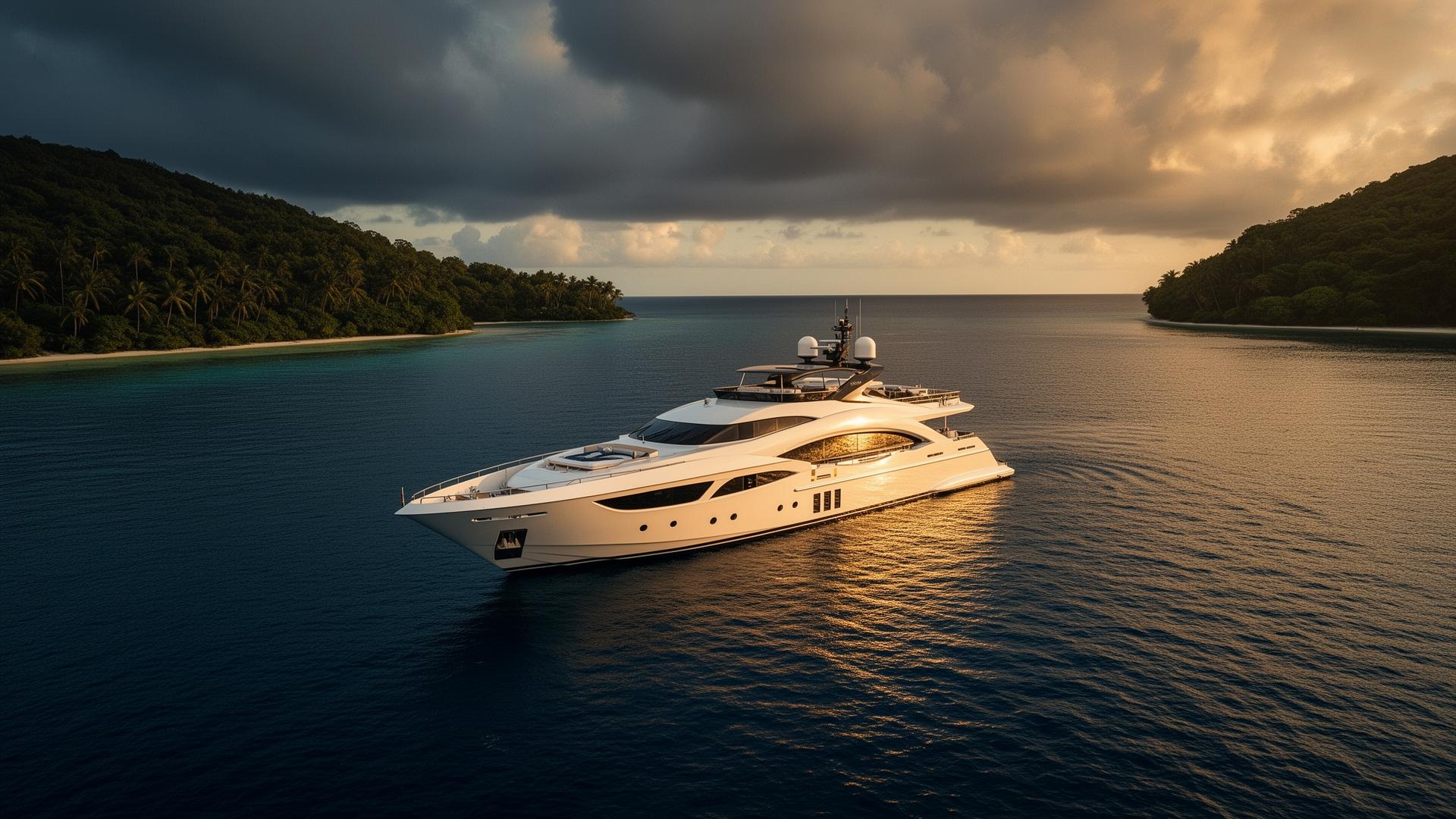 Luxury yacht at golden hour in a tropical bay